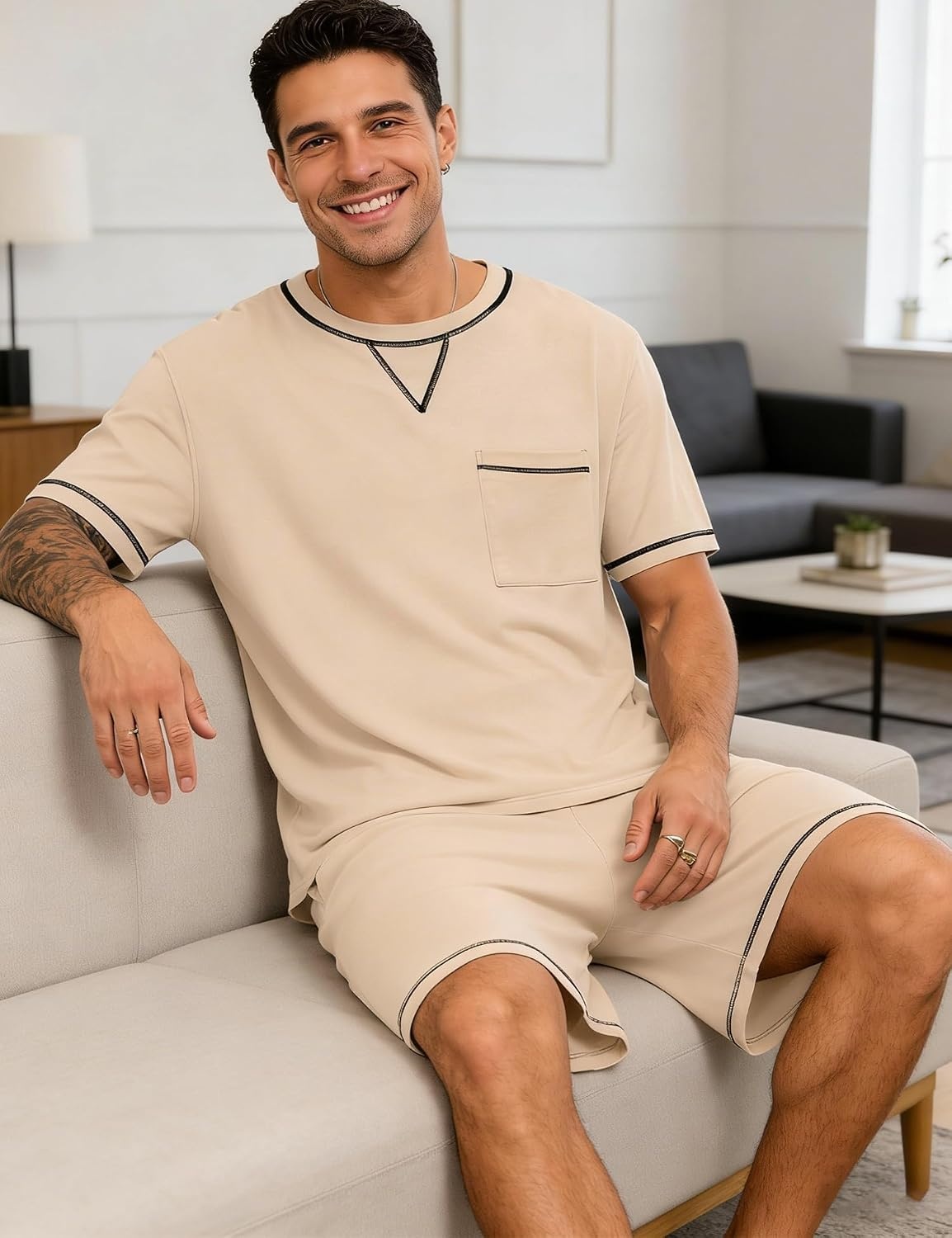 image:imageSWOMOG Mens Pajamas Set Summer Sleepwear Short Sleeve Pjs Set Soft 2 Piece Lounge Set Comfy Loungewear with PocketsKhaki