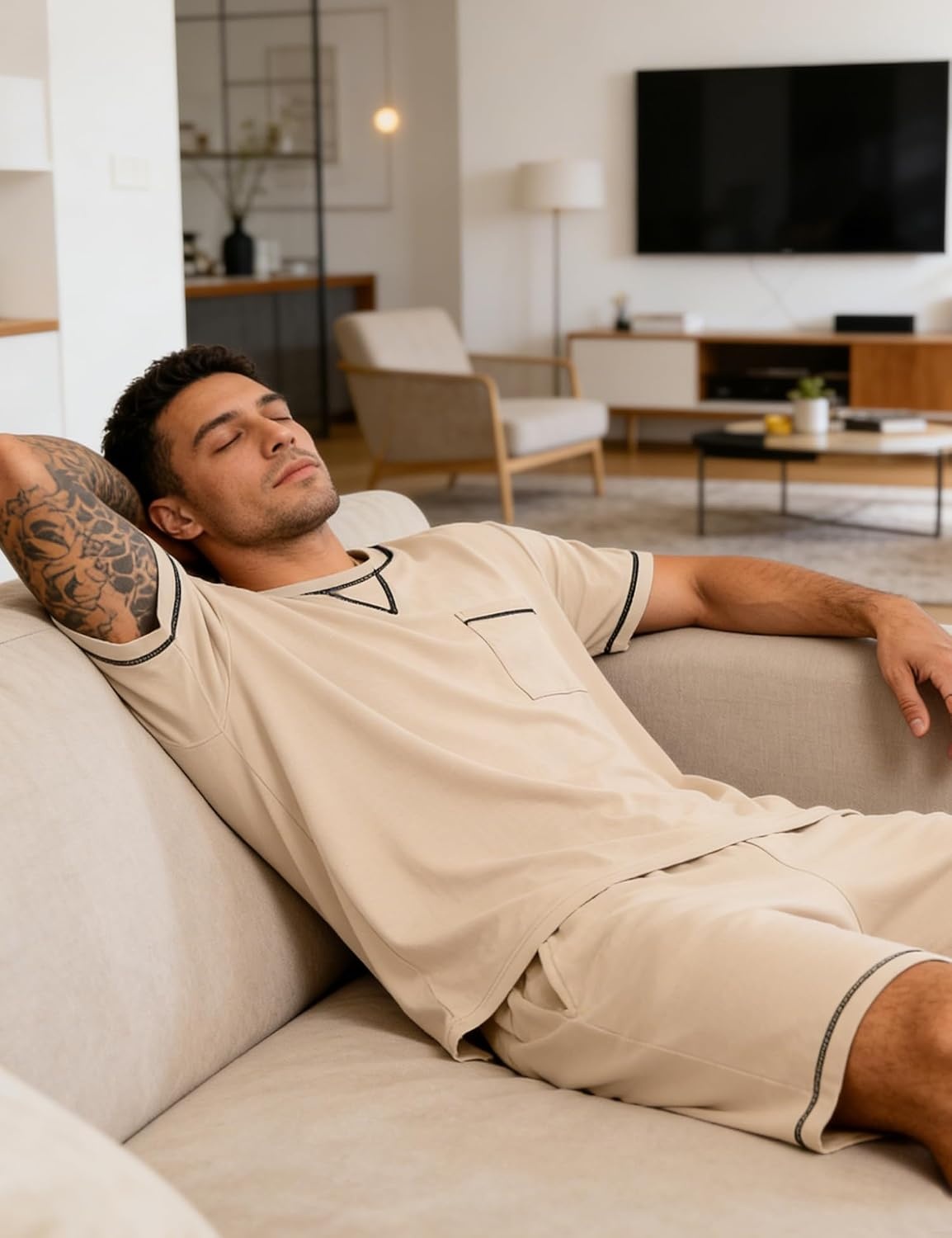 image:imageSWOMOG Mens Pajamas Set Summer Sleepwear Short Sleeve Pjs Set Soft 2 Piece Lounge Set Comfy Loungewear with PocketsKhaki