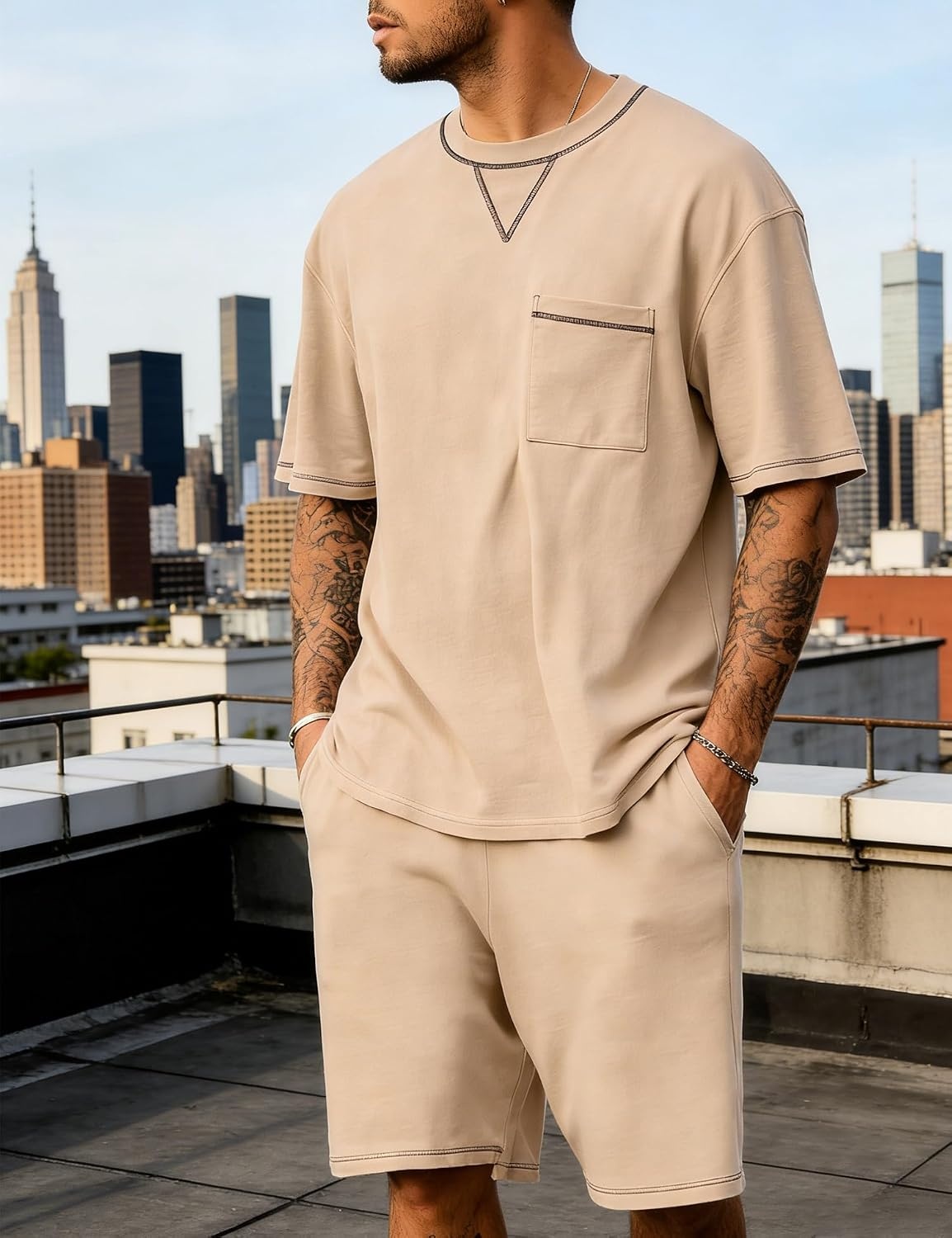 image:imageSWOMOG Mens Pajamas Set Summer Sleepwear Short Sleeve Pjs Set Soft 2 Piece Lounge Set Comfy Loungewear with PocketsKhaki