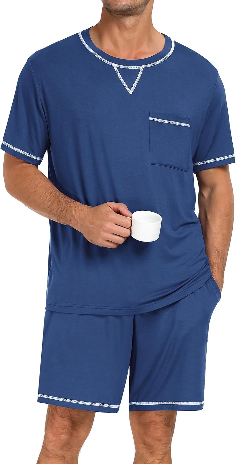 image:imageSWOMOG Mens Pajamas Set Summer Sleepwear Short Sleeve Pjs Set Soft 2 Piece Lounge Set Comfy Loungewear with PocketsNavy