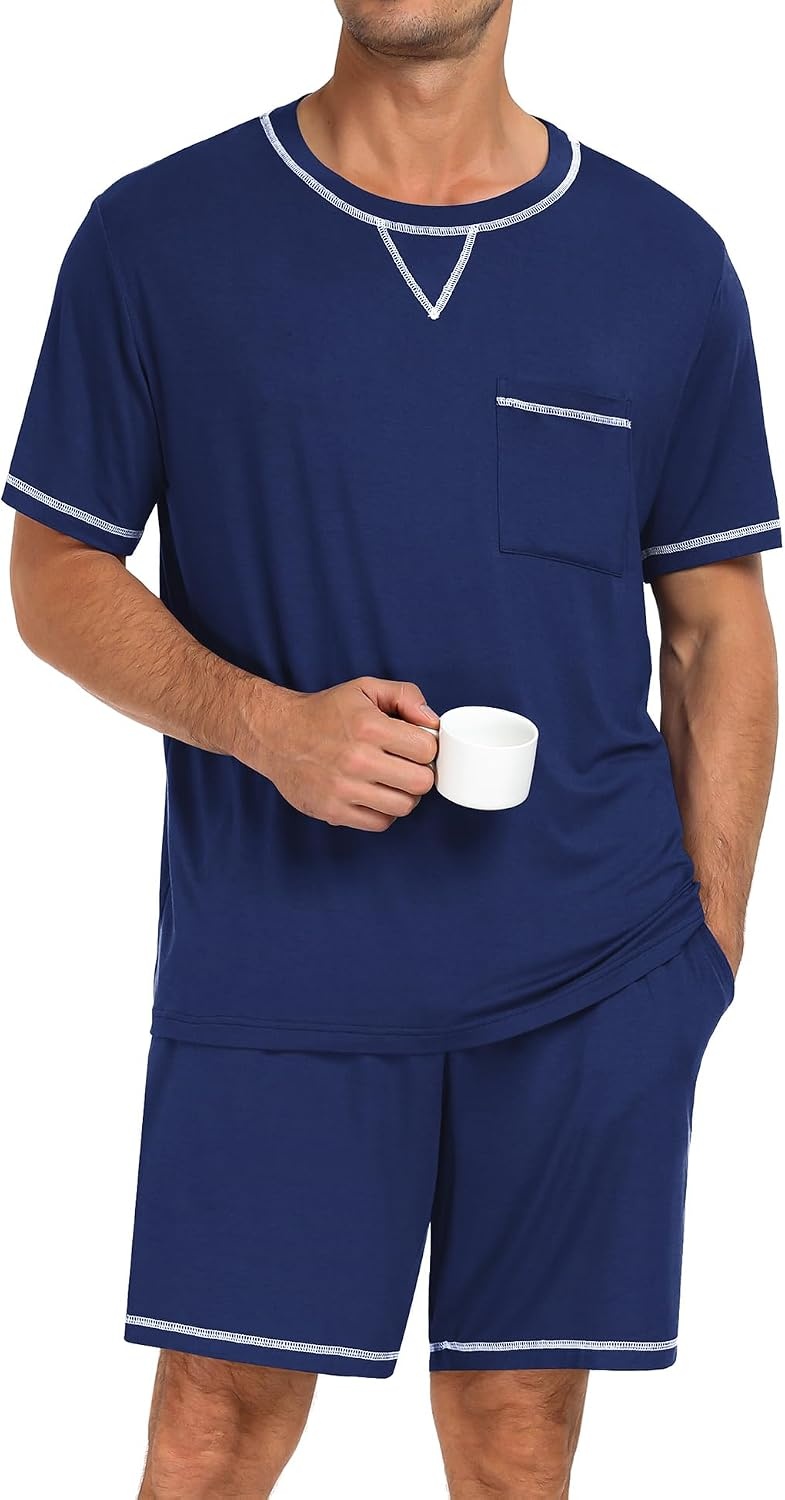 image:imageSWOMOG Mens Pajamas Set Summer Sleepwear Short Sleeve Pjs Set Soft 2 Piece Lounge Set Comfy Loungewear with PocketsNavy Blue
