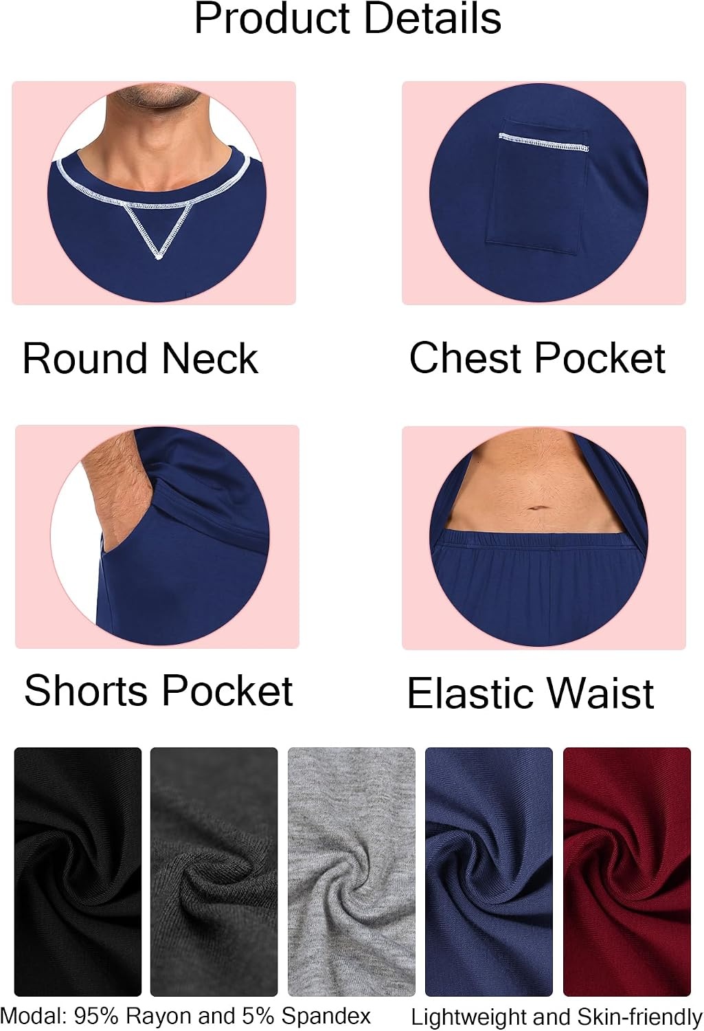 image:imageSWOMOG Mens Pajamas Set Summer Sleepwear Short Sleeve Pjs Set Soft 2 Piece Lounge Set Comfy Loungewear with PocketsNavy Blue