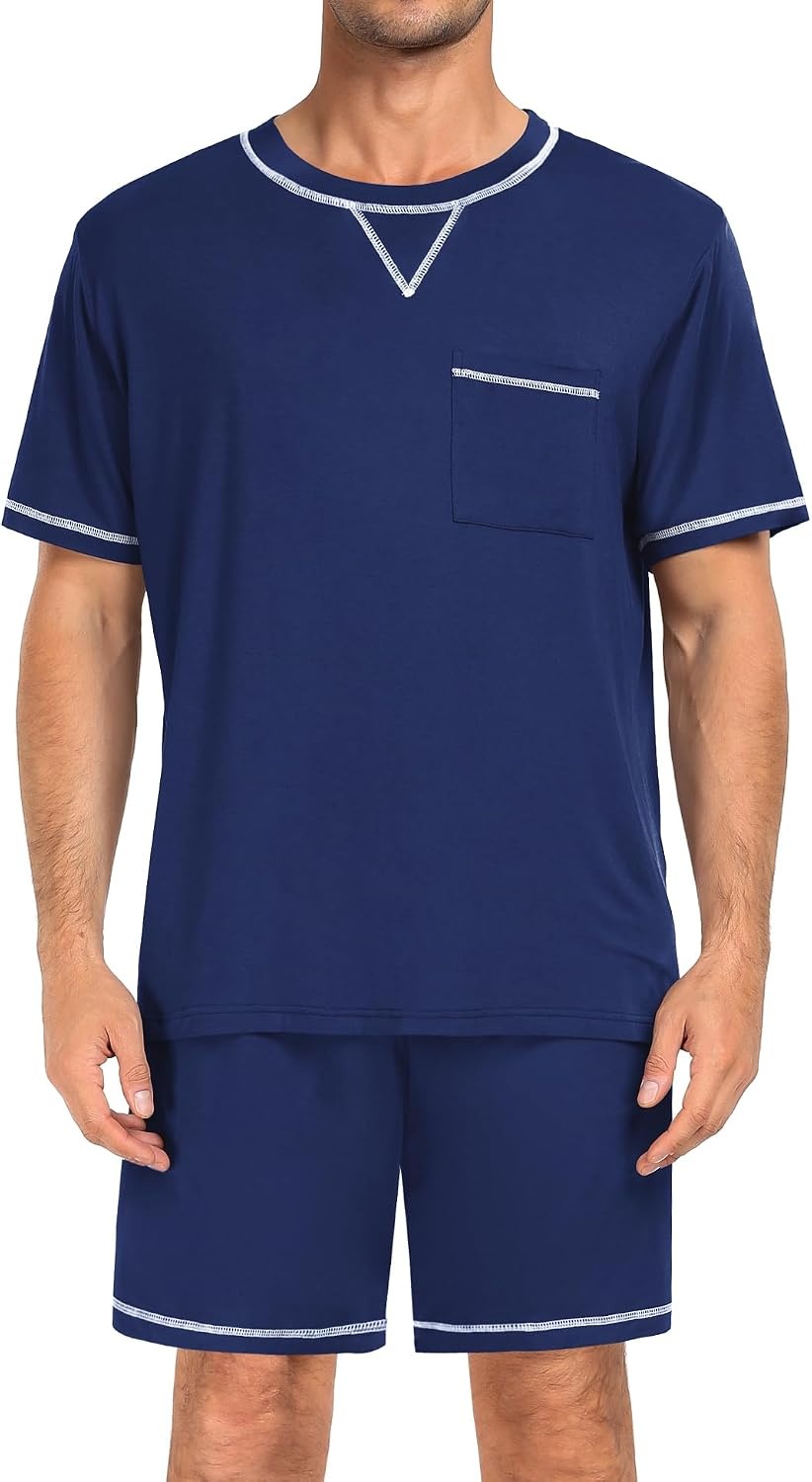 image:imageSWOMOG Mens Pajamas Set Summer Sleepwear Short Sleeve Pjs Set Soft 2 Piece Lounge Set Comfy Loungewear with PocketsNavy Blue