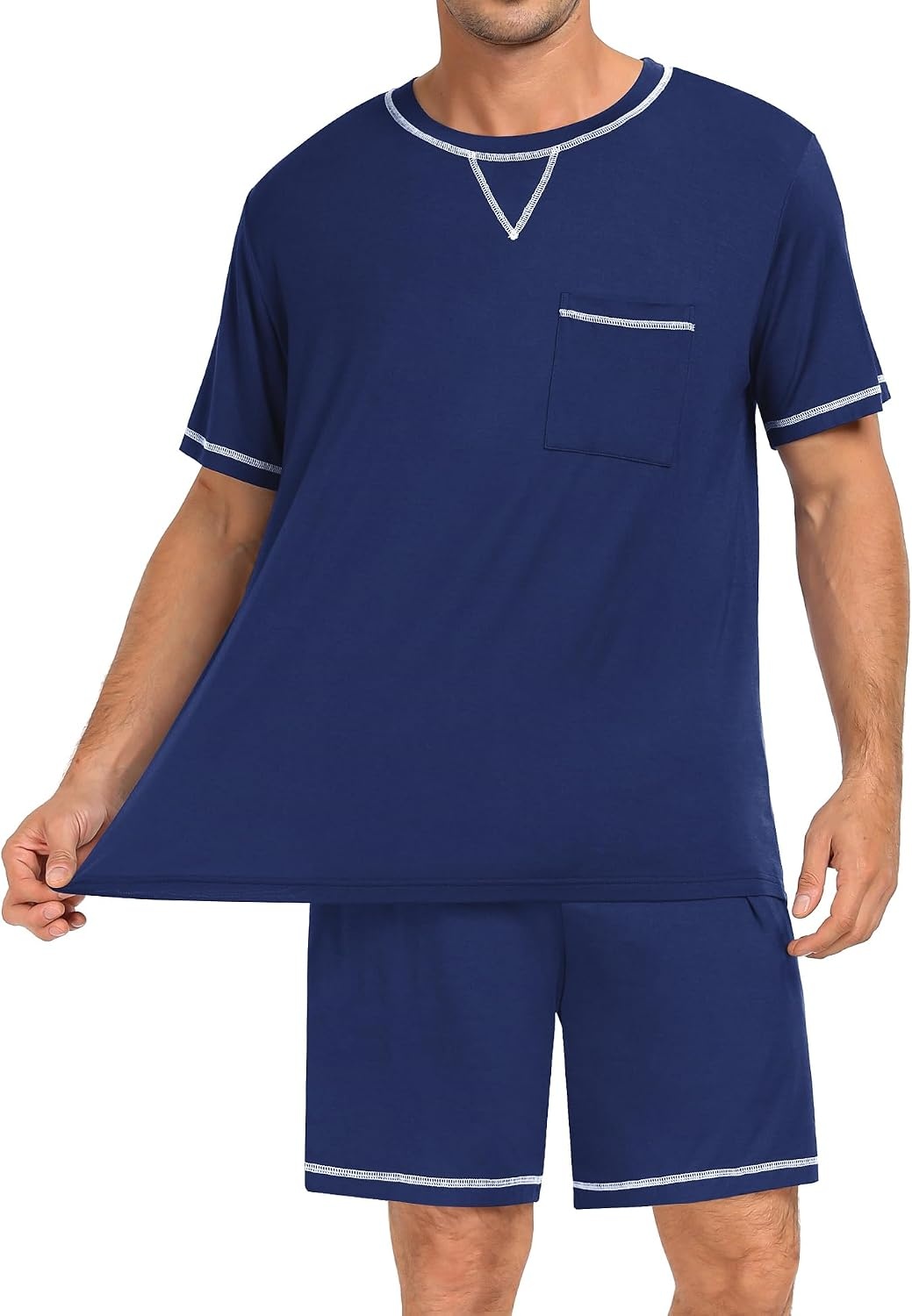 image:imageSWOMOG Mens Pajamas Set Summer Sleepwear Short Sleeve Pjs Set Soft 2 Piece Lounge Set Comfy Loungewear with PocketsNavy Blue
