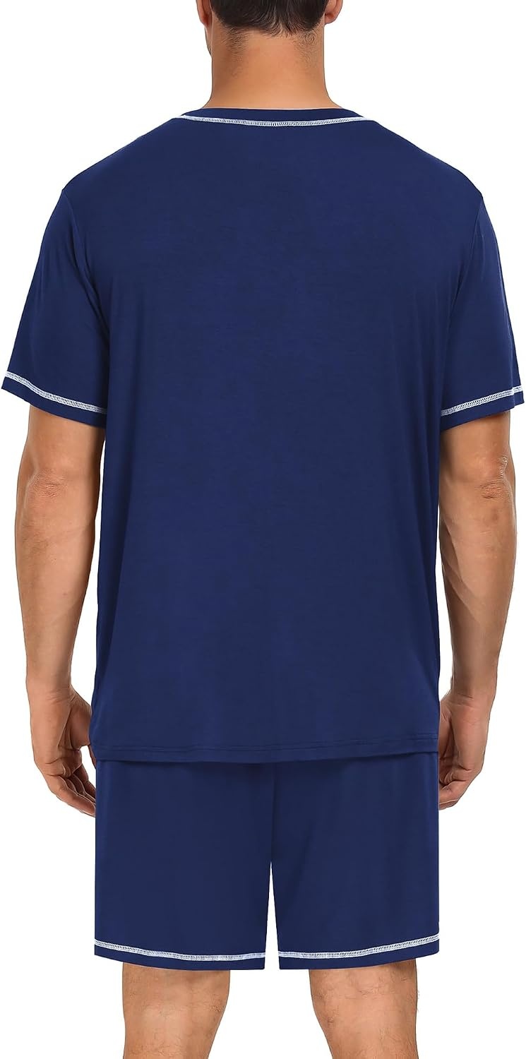 image:imageSWOMOG Mens Pajamas Set Summer Sleepwear Short Sleeve Pjs Set Soft 2 Piece Lounge Set Comfy Loungewear with PocketsNavy Blue