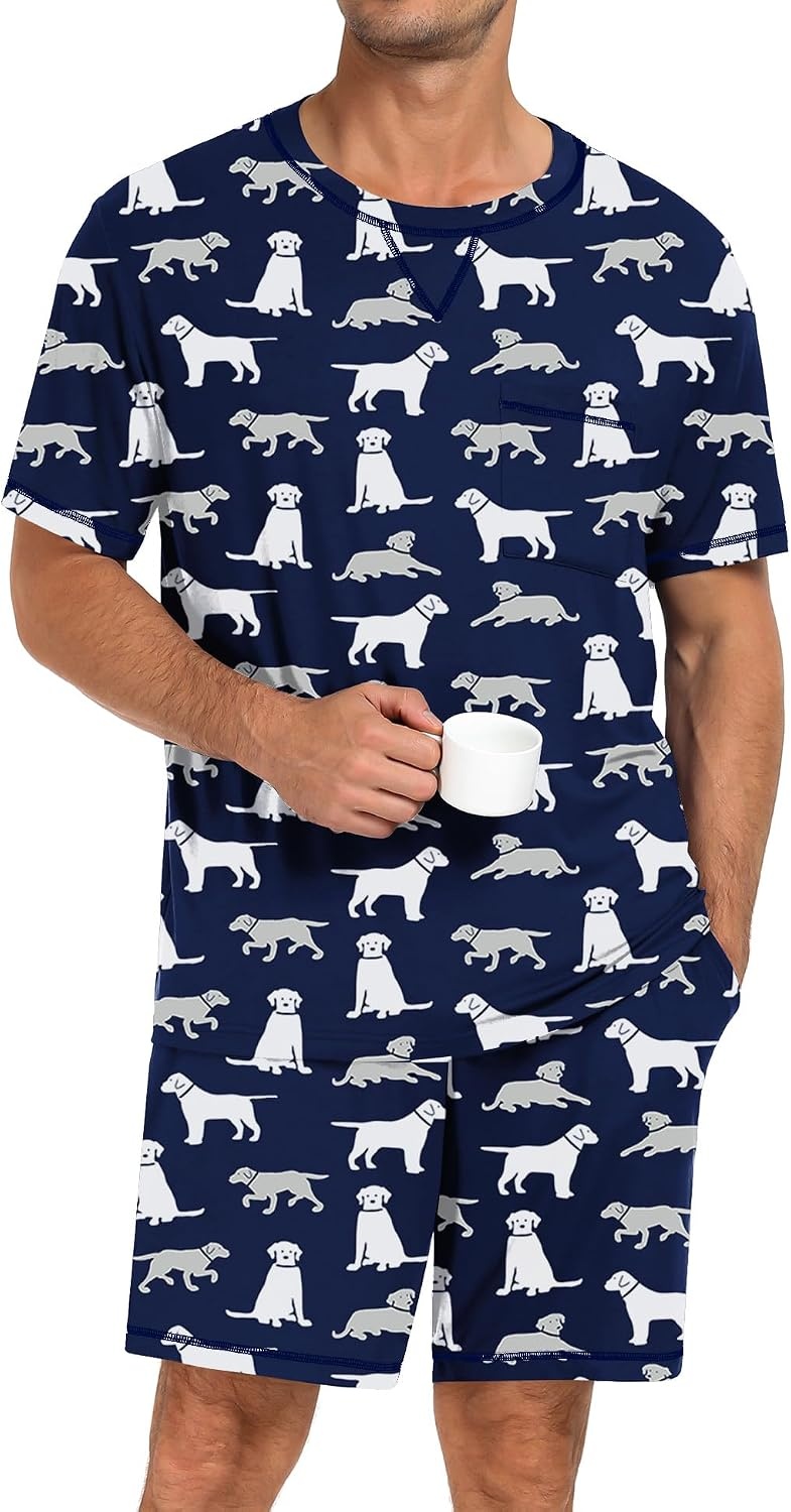 image:imageSWOMOG Mens Pajamas Set Summer Sleepwear Short Sleeve Pjs Set Soft 2 Piece Lounge Set Comfy Loungewear with PocketsNavy Blue Dogs