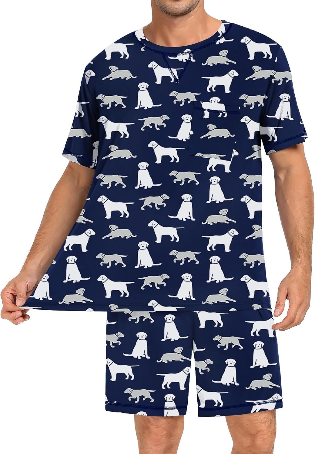 image:imageSWOMOG Mens Pajamas Set Summer Sleepwear Short Sleeve Pjs Set Soft 2 Piece Lounge Set Comfy Loungewear with PocketsNavy Blue Dogs