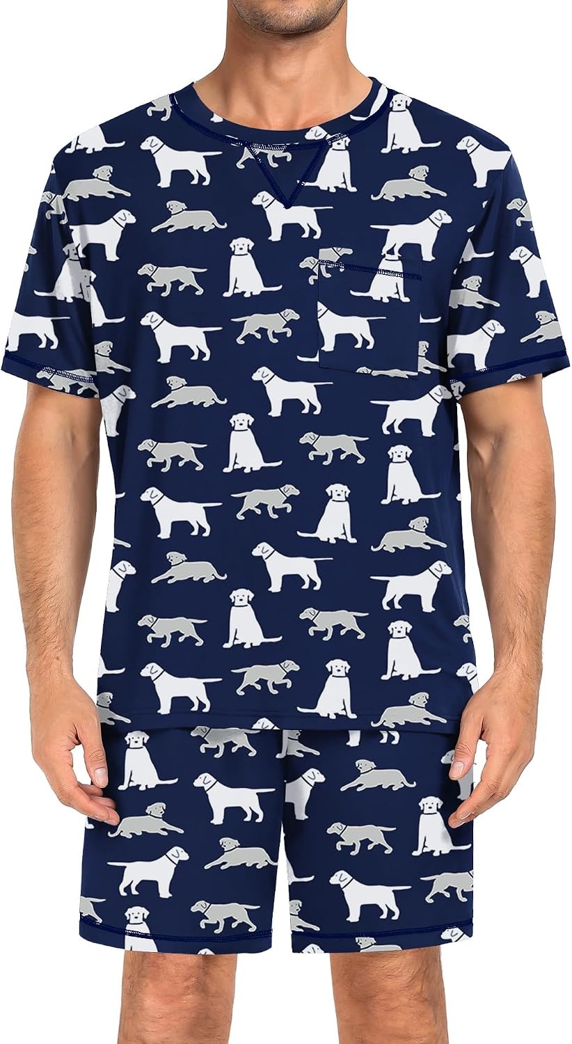 image:imageSWOMOG Mens Pajamas Set Summer Sleepwear Short Sleeve Pjs Set Soft 2 Piece Lounge Set Comfy Loungewear with PocketsNavy Blue Dogs