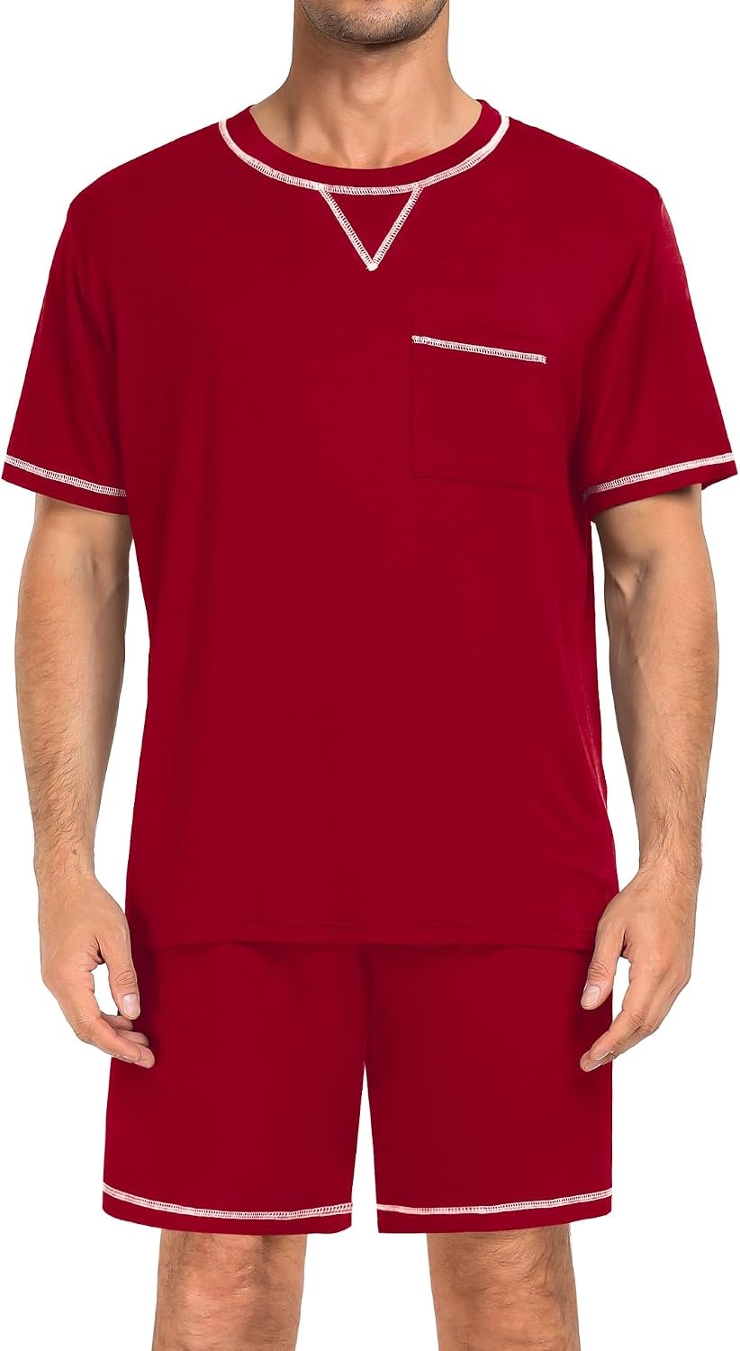 image:imageSWOMOG Mens Pajamas Set Summer Sleepwear Short Sleeve Pjs Set Soft 2 Piece Lounge Set Comfy Loungewear with PocketsRed