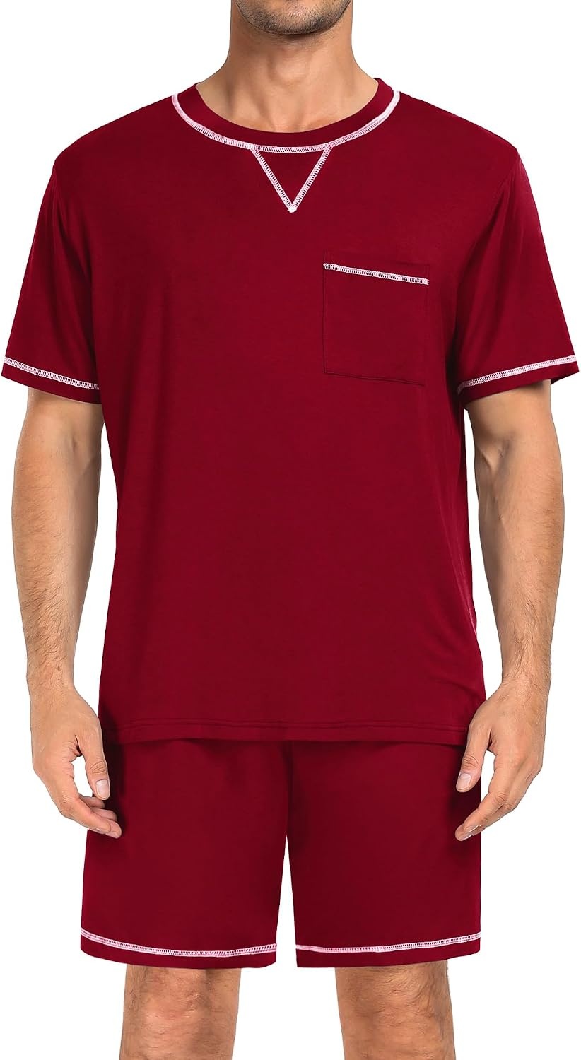 image:imageSWOMOG Mens Pajamas Set Summer Sleepwear Short Sleeve Pjs Set Soft 2 Piece Lounge Set Comfy Loungewear with PocketsWine Red