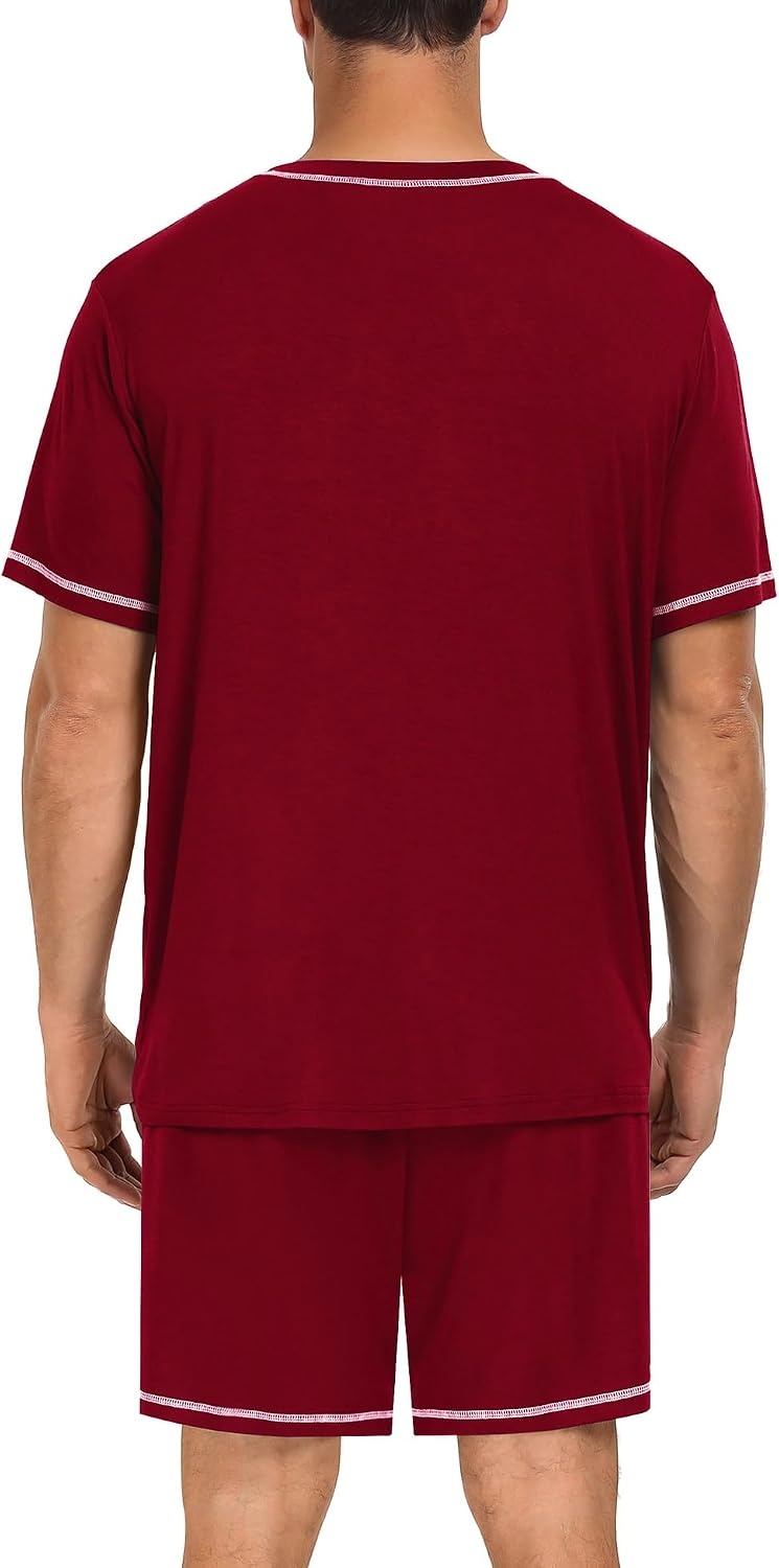 image:imageSWOMOG Mens Pajamas Set Summer Sleepwear Short Sleeve Pjs Set Soft 2 Piece Lounge Set Comfy Loungewear with PocketsWine Red