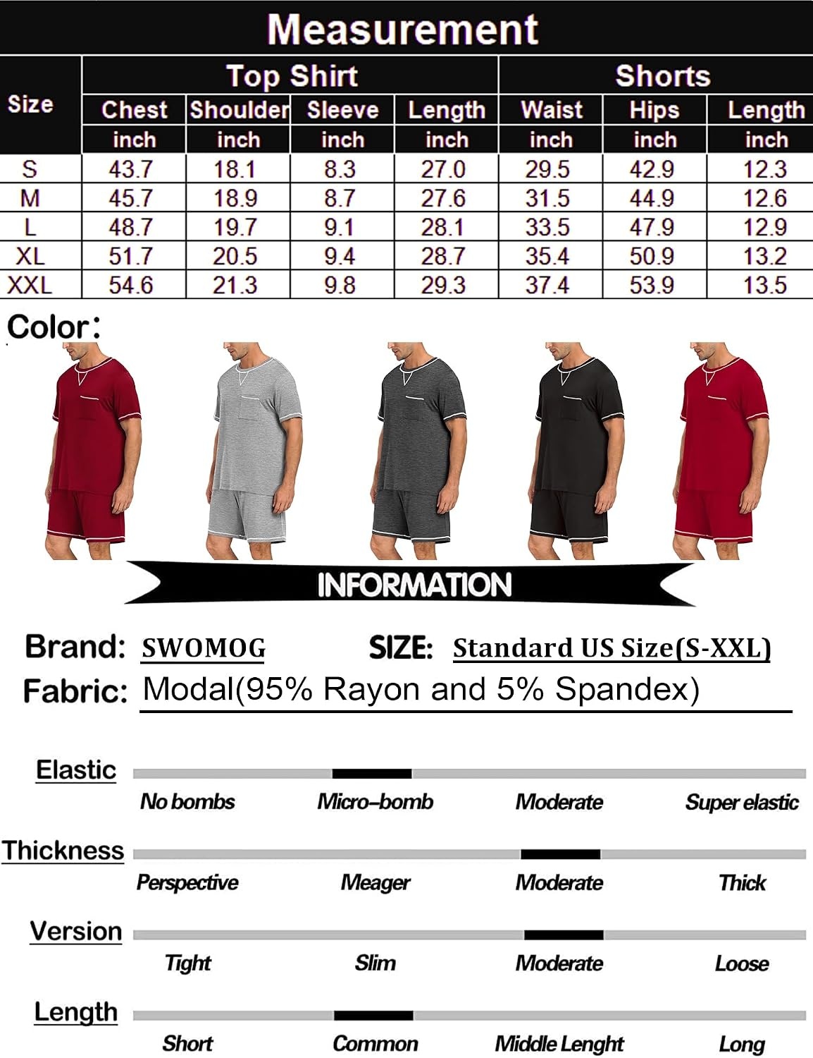 image:imageSWOMOG Mens Pajamas Set Summer Sleepwear Short Sleeve Pjs Set Soft 2 Piece Lounge Set Comfy Loungewear with PocketsWine Red