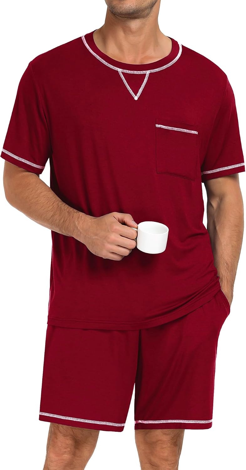 image:imageSWOMOG Mens Pajamas Set Summer Sleepwear Short Sleeve Pjs Set Soft 2 Piece Lounge Set Comfy Loungewear with PocketsWine Red