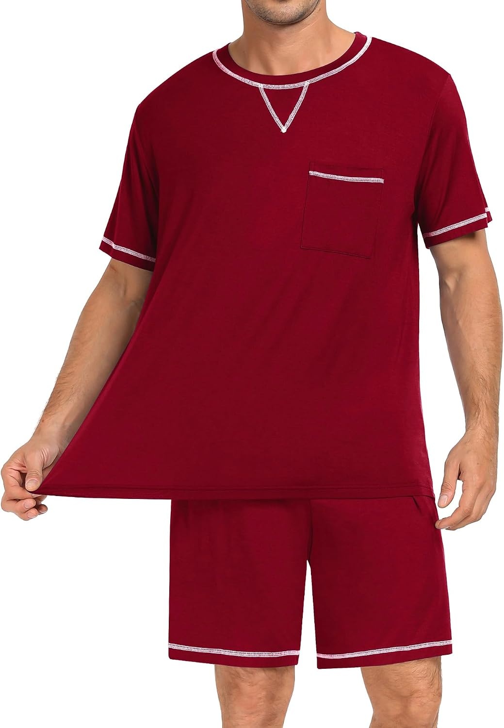 image:imageSWOMOG Mens Pajamas Set Summer Sleepwear Short Sleeve Pjs Set Soft 2 Piece Lounge Set Comfy Loungewear with PocketsWine Red