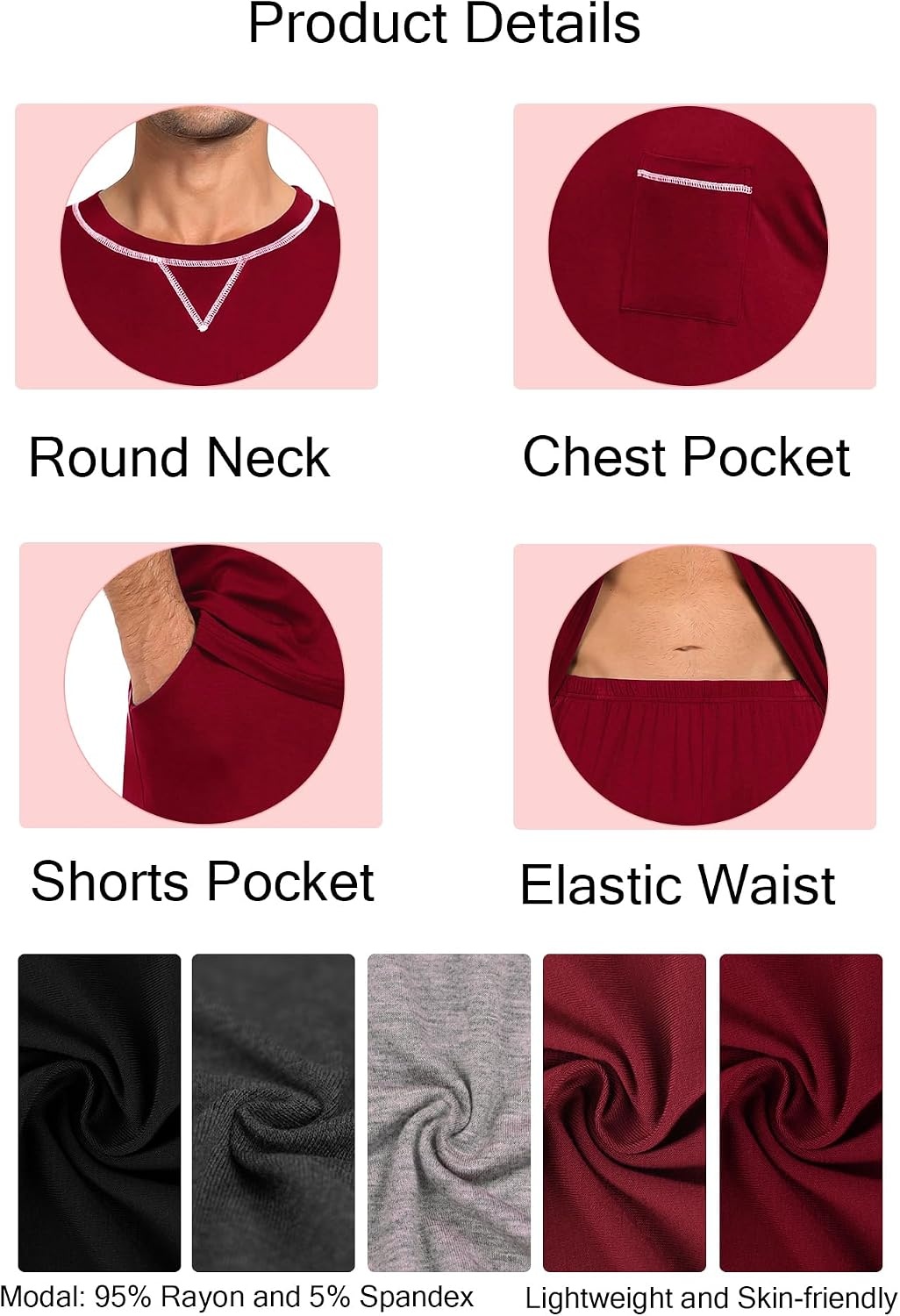 image:imageSWOMOG Mens Pajamas Set Summer Sleepwear Short Sleeve Pjs Set Soft 2 Piece Lounge Set Comfy Loungewear with PocketsWine Red