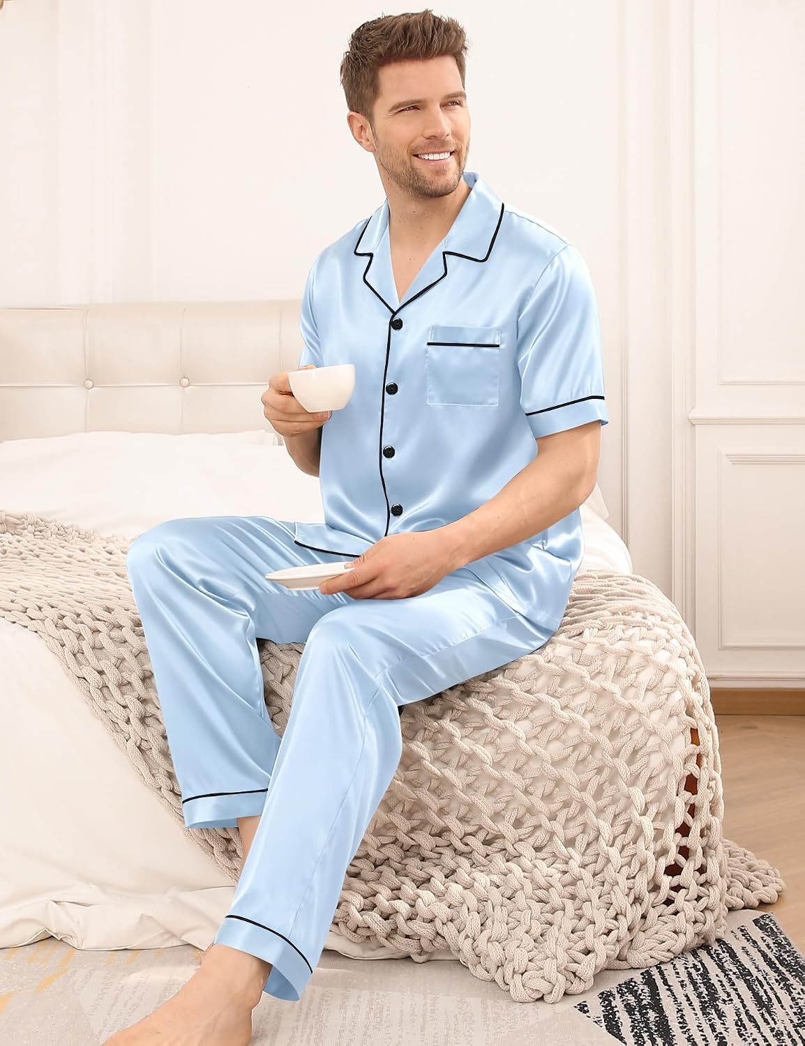 image:imageSWOMOG Mens Satin Pajama Set Short Sleeve Classic Sleepwear Button Down Silky Loungewear with Long PantsSky Blue