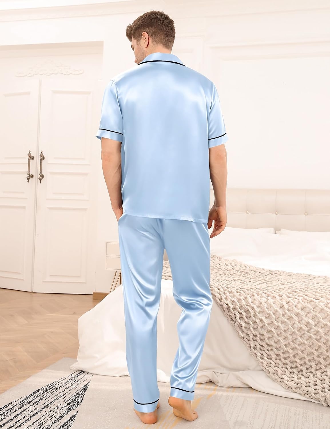 image:imageSWOMOG Mens Satin Pajama Set Short Sleeve Classic Sleepwear Button Down Silky Loungewear with Long PantsSky Blue