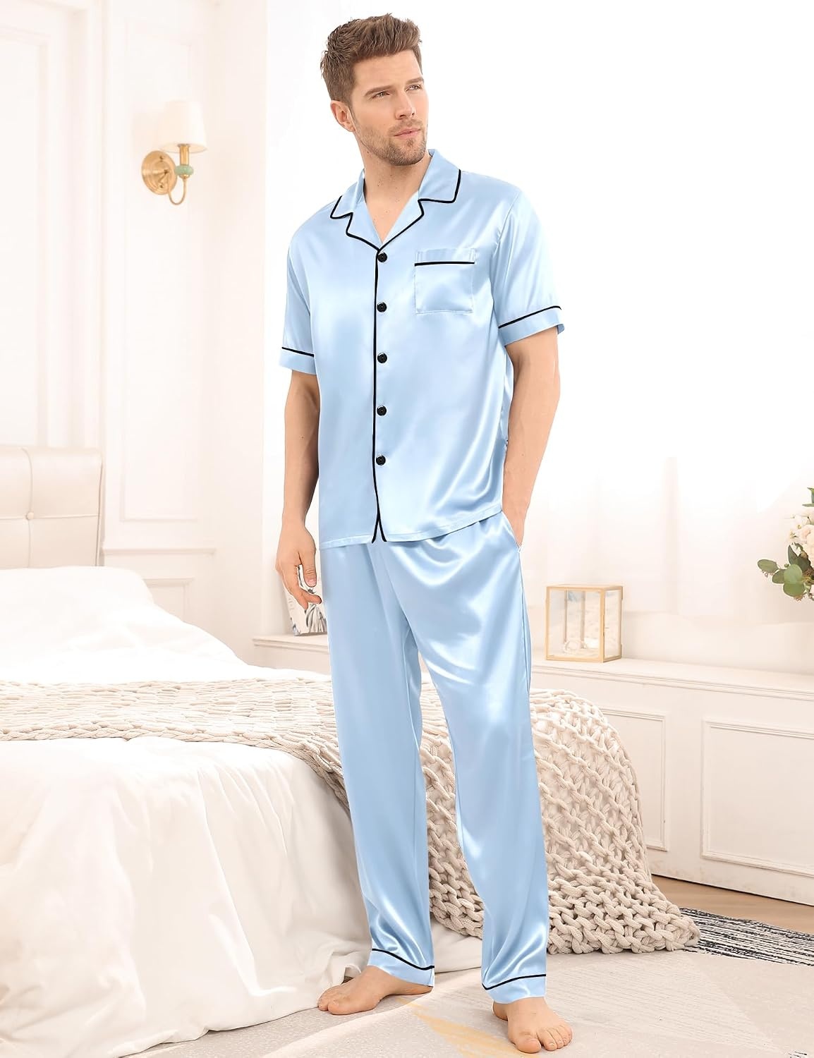 image:imageSWOMOG Mens Satin Pajama Set Short Sleeve Classic Sleepwear Button Down Silky Loungewear with Long PantsSky Blue