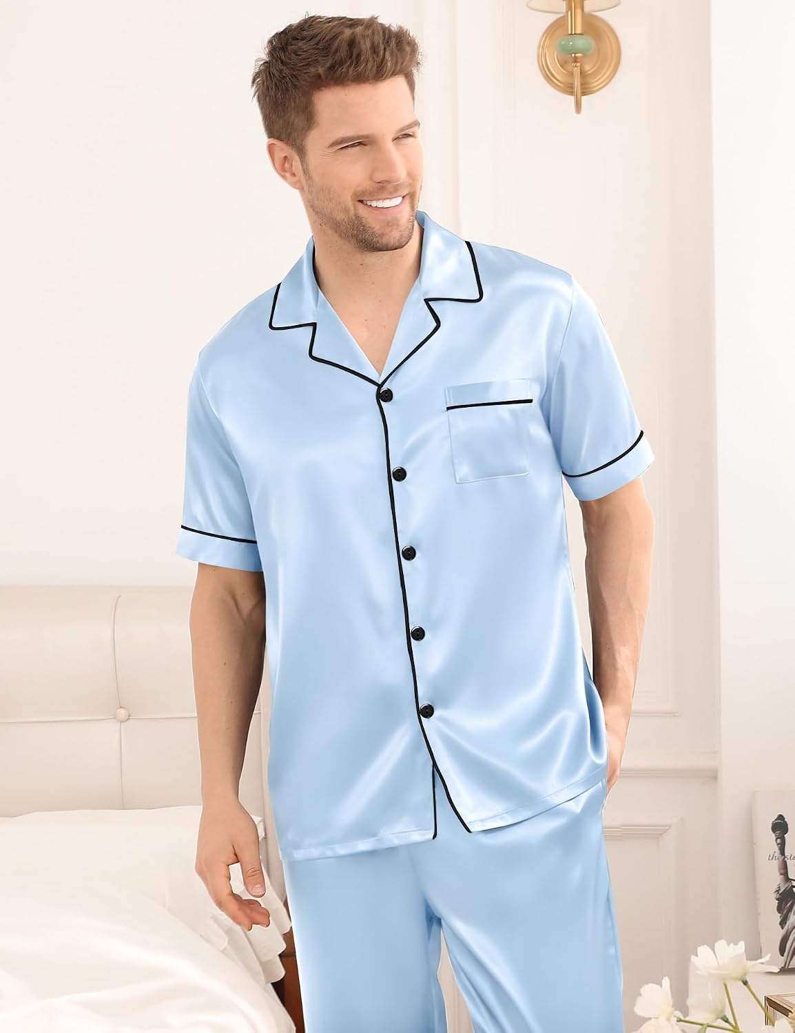 image:imageSWOMOG Mens Satin Pajama Set Short Sleeve Classic Sleepwear Button Down Silky Loungewear with Long PantsSky Blue