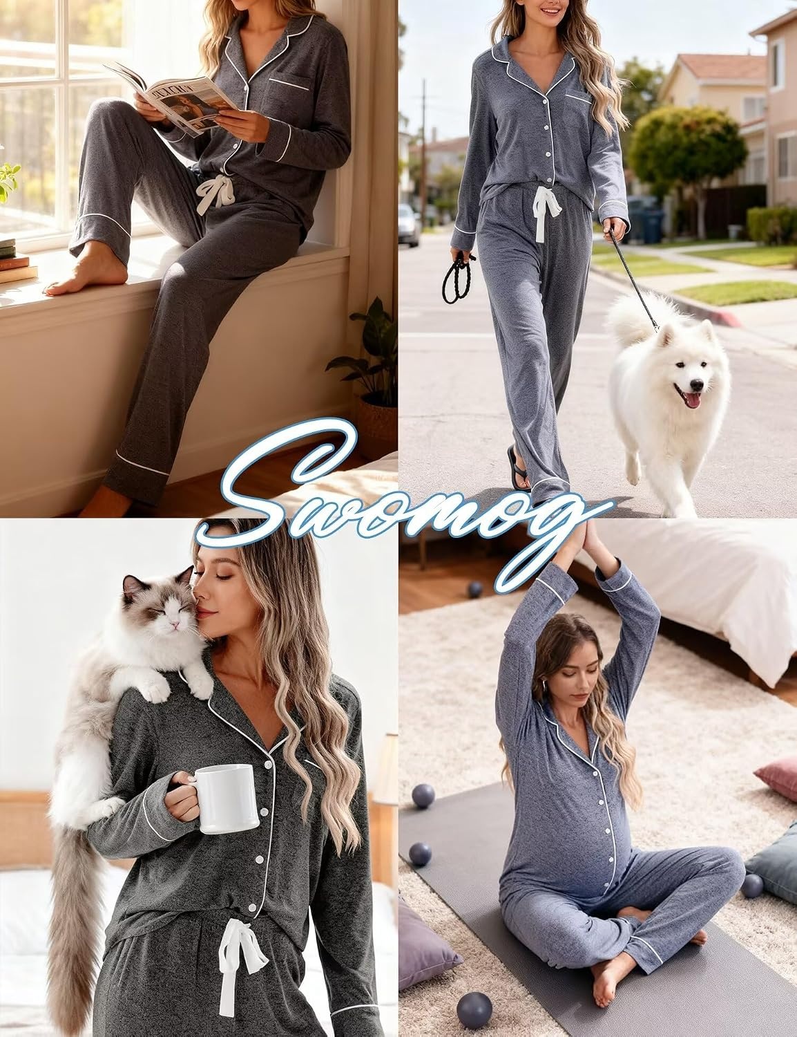 image:imageSWOMOG Womens Pajama Sets Long Sleeve Button Down Sleepwear 2 Piece PJs Soft Lounge Sets with Pockets SXXLDark Grey