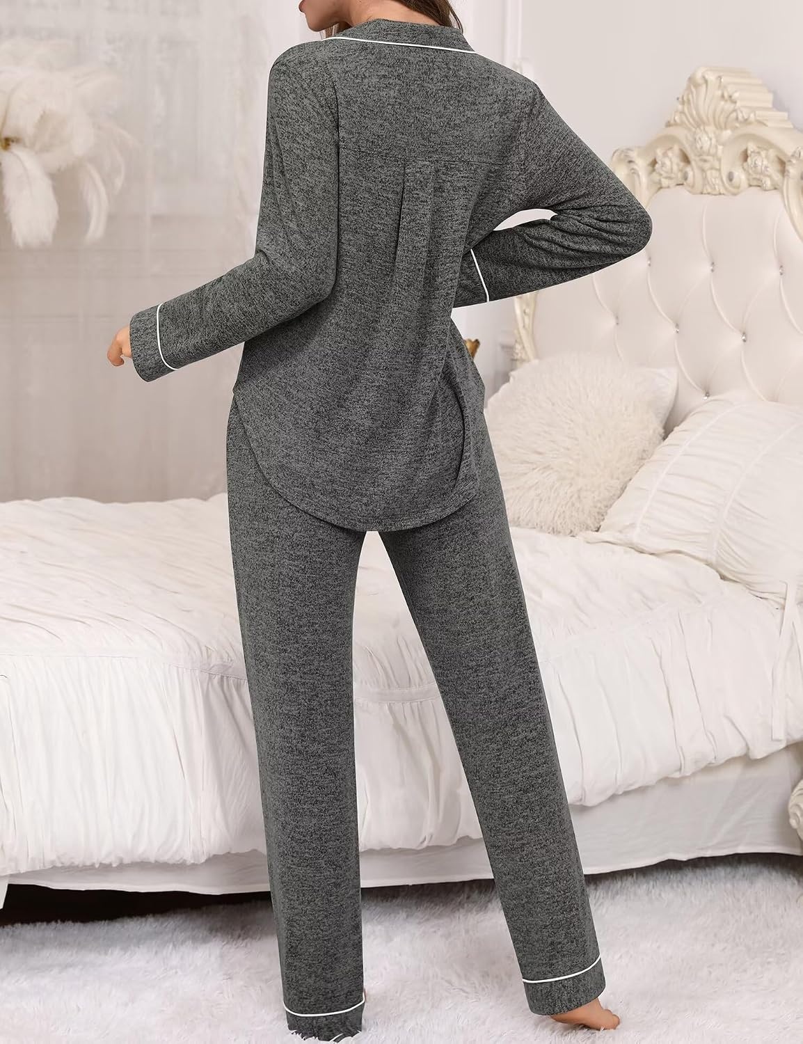 image:imageSWOMOG Womens Pajama Sets Long Sleeve Button Down Sleepwear 2 Piece PJs Soft Lounge Sets with Pockets SXXLDark Grey