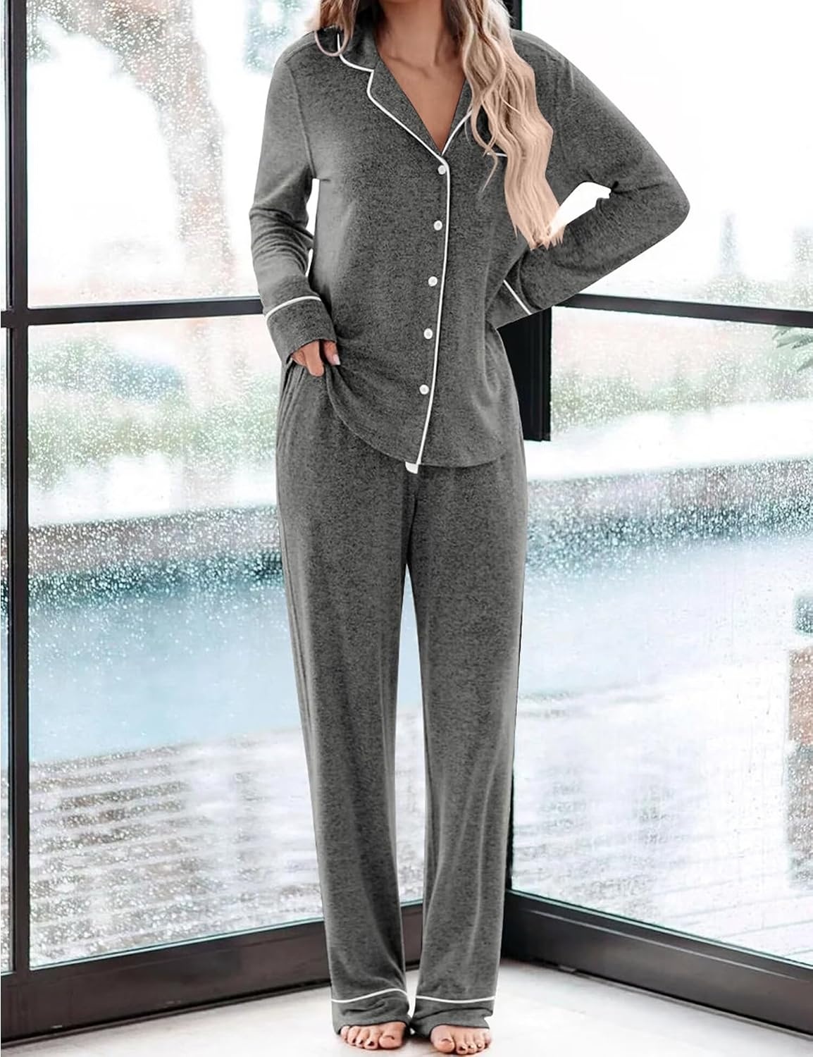 image:imageSWOMOG Womens Pajama Sets Long Sleeve Button Down Sleepwear 2 Piece PJs Soft Lounge Sets with Pockets SXXLDark Grey