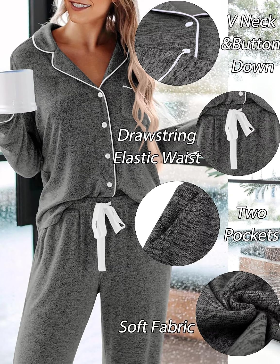 image:imageSWOMOG Womens Pajama Sets Long Sleeve Button Down Sleepwear 2 Piece PJs Soft Lounge Sets with Pockets SXXLDark Grey
