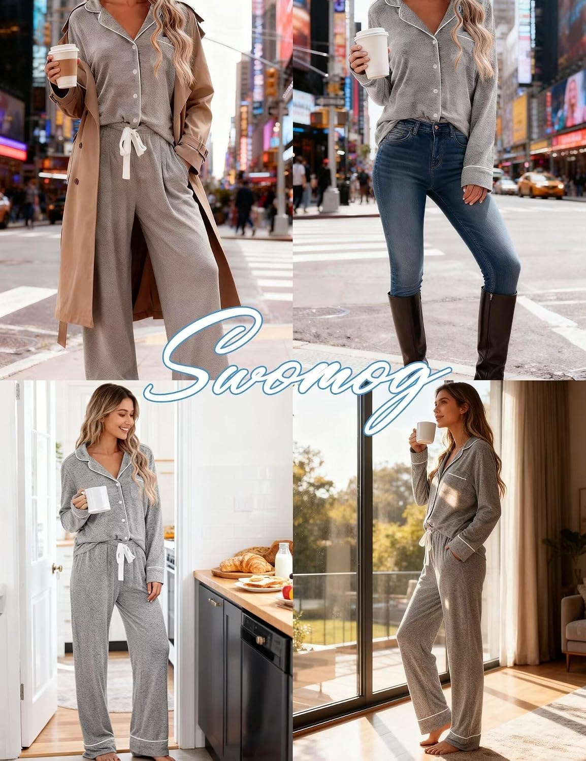 image:imageSWOMOG Womens Pajama Sets Long Sleeve Button Down Sleepwear 2 Piece PJs Soft Lounge Sets with Pockets SXXLGrey