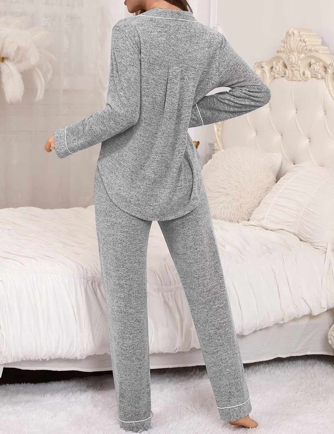 image:imageSWOMOG Womens Pajama Sets Long Sleeve Button Down Sleepwear 2 Piece PJs Soft Lounge Sets with Pockets SXXLGrey