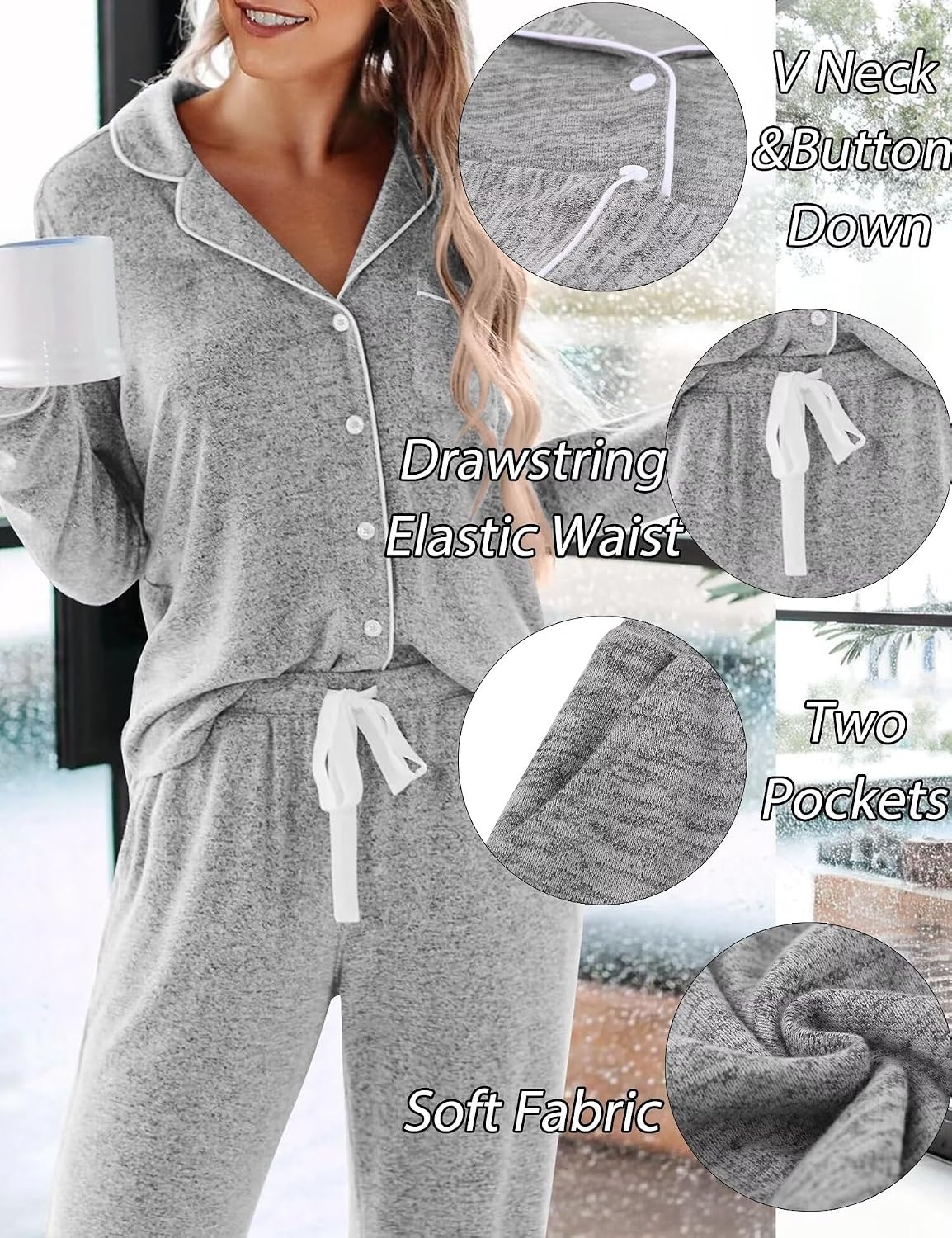 image:imageSWOMOG Womens Pajama Sets Long Sleeve Button Down Sleepwear 2 Piece PJs Soft Lounge Sets with Pockets SXXLGrey