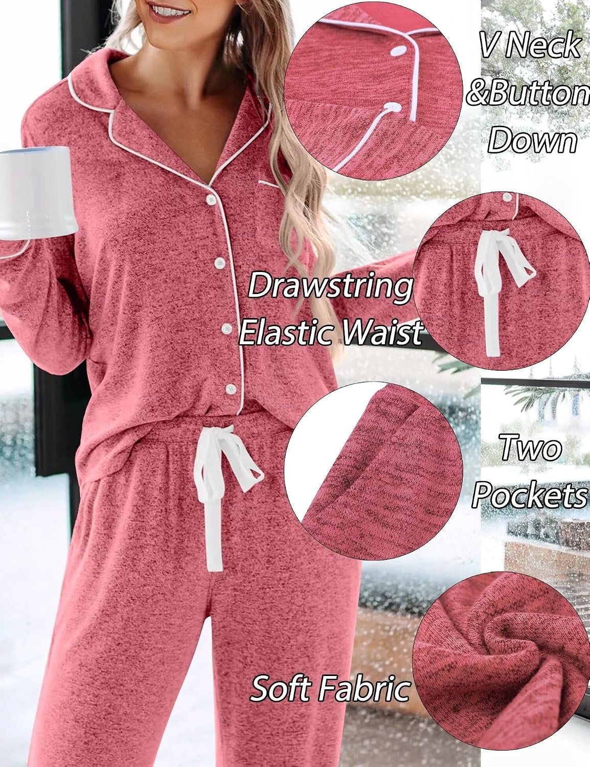 image:imageSWOMOG Womens Pajama Sets Long Sleeve Button Down Sleepwear 2 Piece PJs Soft Lounge Sets with Pockets SXXLLight Red