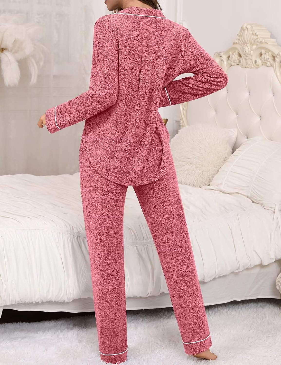 image:imageSWOMOG Womens Pajama Sets Long Sleeve Button Down Sleepwear 2 Piece PJs Soft Lounge Sets with Pockets SXXLLight Red