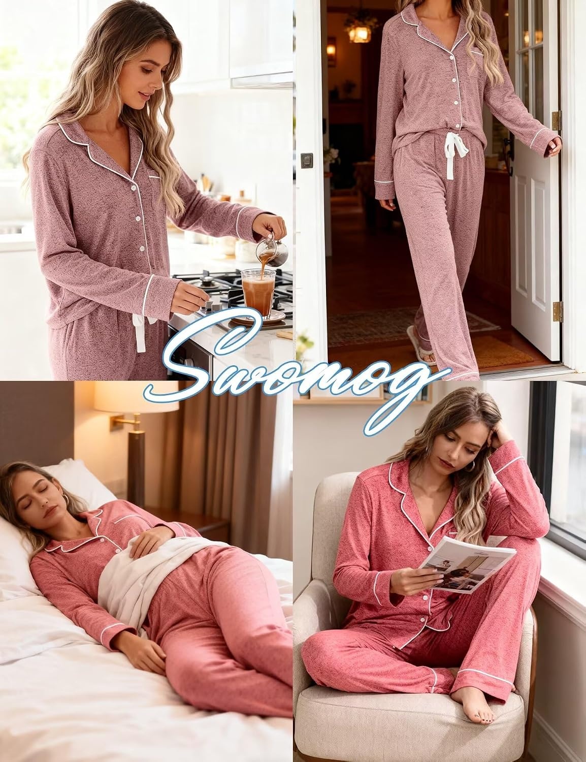 image:imageSWOMOG Womens Pajama Sets Long Sleeve Button Down Sleepwear 2 Piece PJs Soft Lounge Sets with Pockets SXXLLight Red