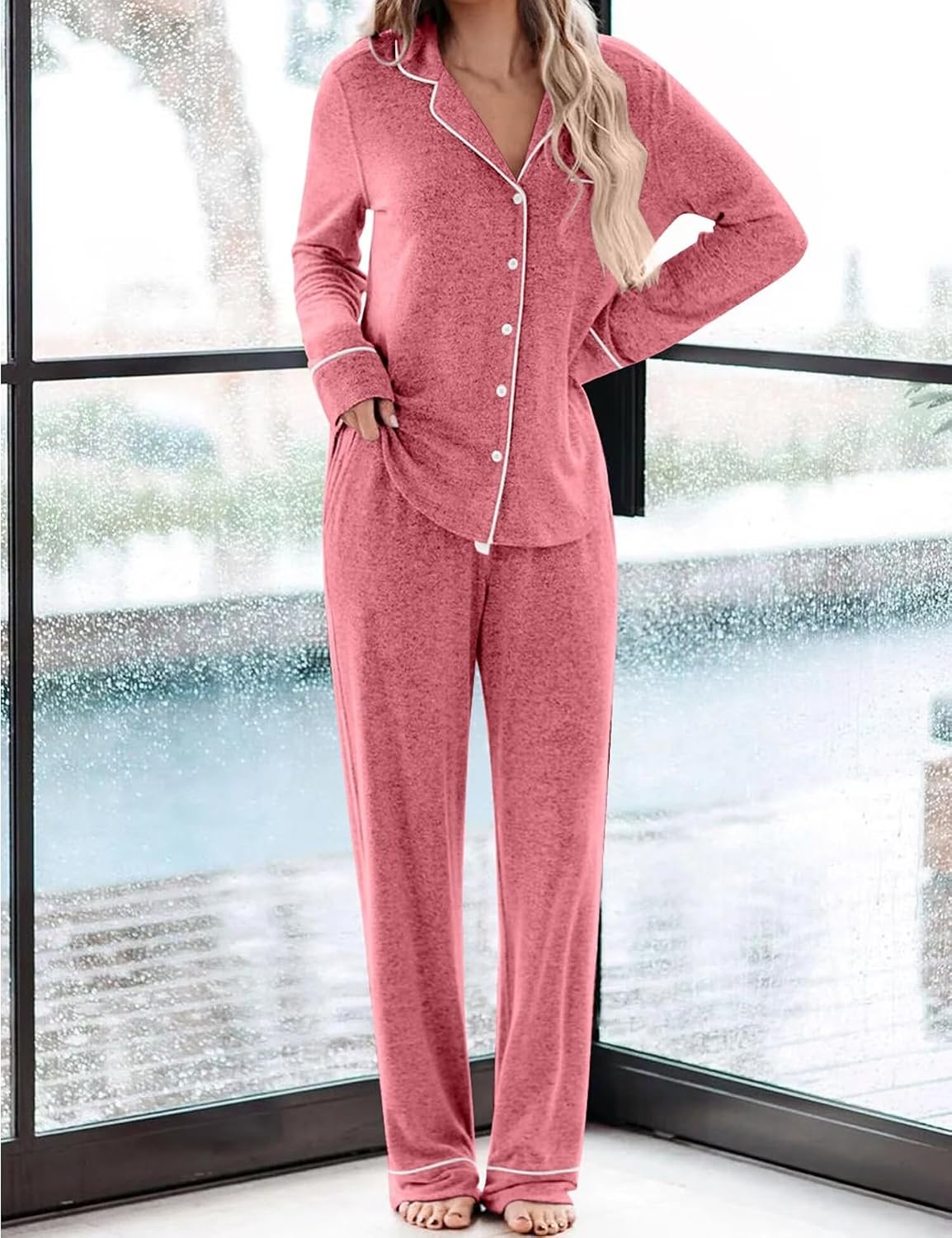 image:imageSWOMOG Womens Pajama Sets Long Sleeve Button Down Sleepwear 2 Piece PJs Soft Lounge Sets with Pockets SXXLLight Red