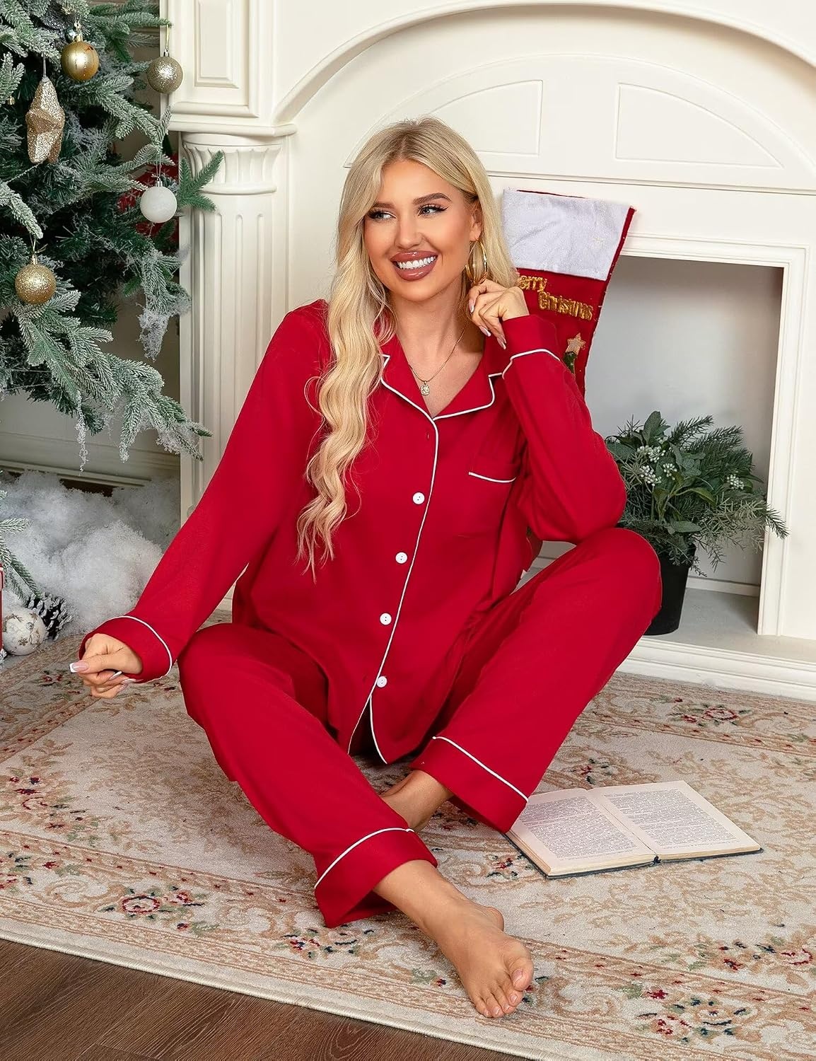 image:imageSWOMOG Womens Pajama Sets Long Sleeve Button Down Sleepwear 2 Piece PJs Soft Lounge Sets with Pockets SXXLRed