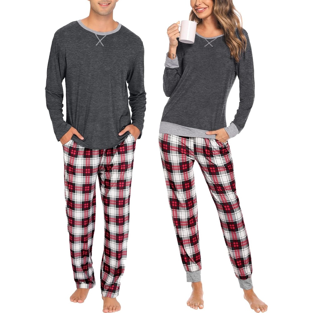 image:imageSWOMOG Couples Pajamas Set Women amp Men Long Sleeve Sleepwear Pjs Top Plaid Pants Loungewear Set with PocketsDeep Grey Black Plaid