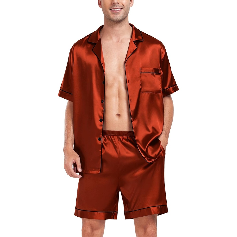 image:imageSWOMOG Men Satin Silk Pajamas Sets Short Sleeve Sleepwear ButtonDown PJs Sets TwoPieces Loungewear with PocketsRust Brown