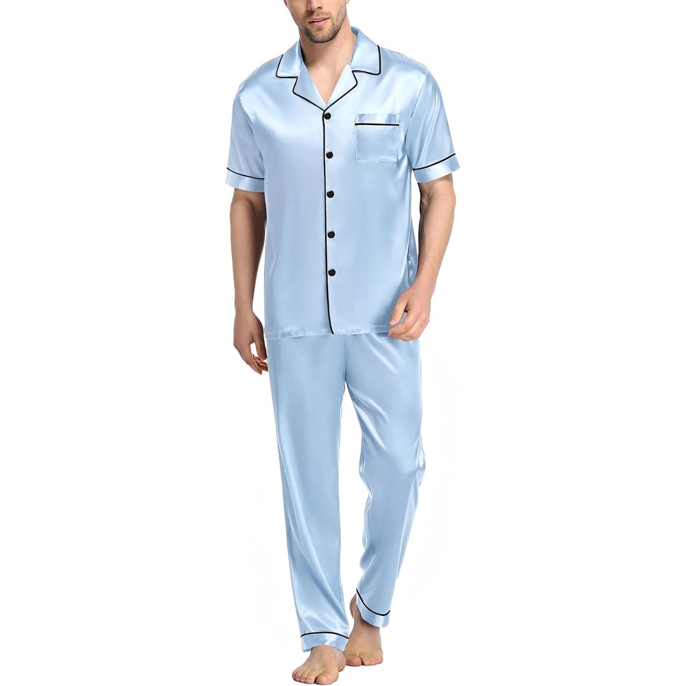 image:imageSWOMOG Mens Satin Pajama Set Short Sleeve Classic Sleepwear Button Down Silky Loungewear with Long PantsSky Blue