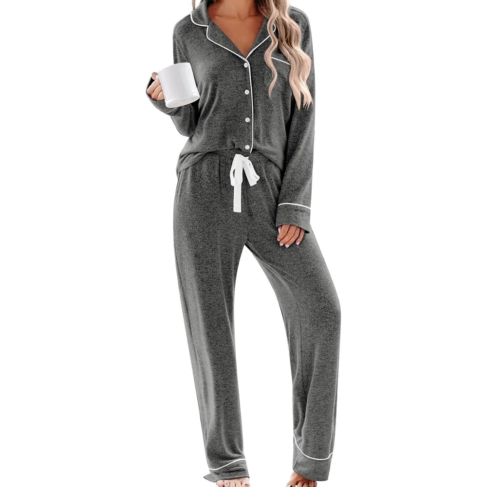 image:imageSWOMOG Womens Pajama Sets Long Sleeve Button Down Sleepwear 2 Piece PJs Soft Lounge Sets with Pockets SXXLDark Grey