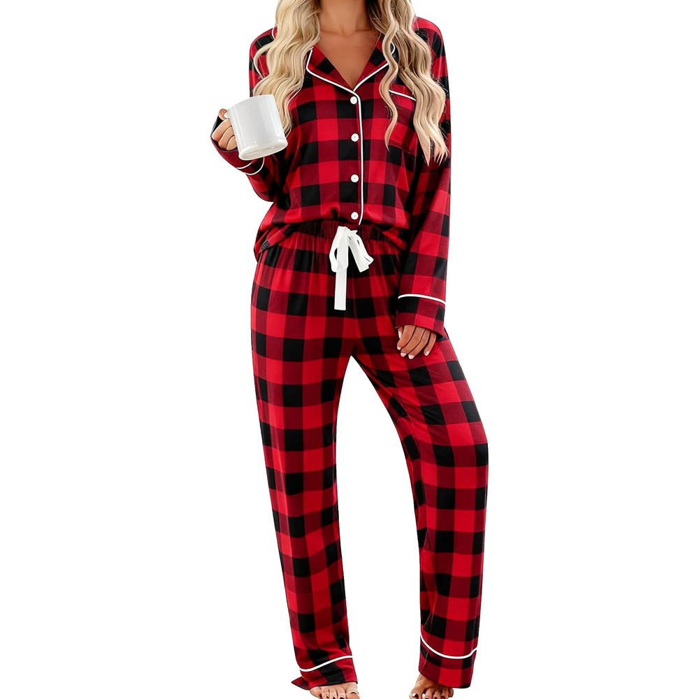image:imageSWOMOG Womens Pajama Sets Long Sleeve Button Down Sleepwear 2 Piece PJs Soft Lounge Sets with Pockets SXXLRed Plaid