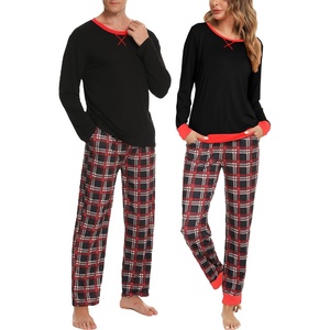 SWOMOG Couples Pajamas Set Women & Men Long Sleeve Sleepwear Pjs Top Plaid Pants Loungewear Set with Pockets(Black – Black Plaid)