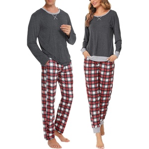 SWOMOG Couples Pajamas Set Women & Men Long Sleeve Sleepwear Pjs Top Plaid Pants Loungewear Set with Pockets(Deep Grey – Red Plaid)