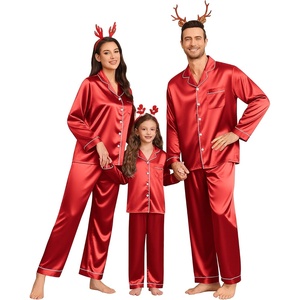 SWOMOG Family Matching Pajamas Set Silk Satin Button Down Sleepwear Long Sleeve Nightwear 2 Pcs Pj Set Men Cherry Red Large
