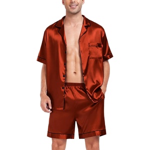 SWOMOG Men Satin Silk Pajamas Sets Short Sleeve Sleepwear Button-Down PJs Sets Two-Pieces Loungewear with Pockets(Rust Brown)