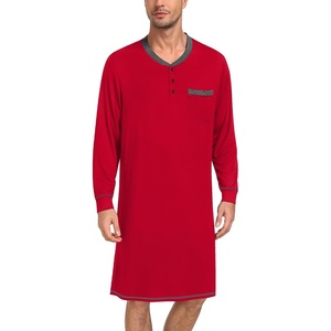 SWOMOG Mens Nightshirt Modal Long Sleeve Nightgown Henley Night Shirts Sleepwear Big & Tall Nightwear, Red, Medium
