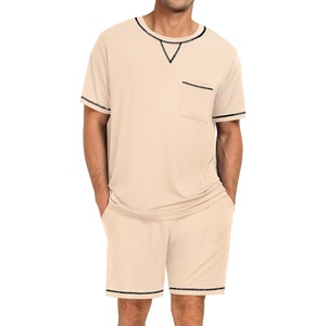 SWOMOG Mens Pajamas Set Summer Sleepwear Short Sleeve Pjs Set Soft 2 Piece Lounge Set Comfy Loungewear with Pockets(Khaki)