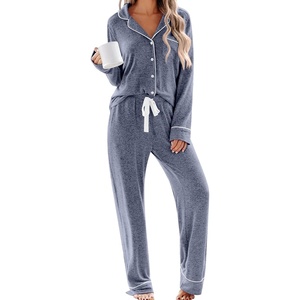 SWOMOG Women’s Pajama Sets Long Sleeve Button Down Sleepwear 2 Piece PJs Soft Lounge Sets with Pockets S-XXL(Blue)