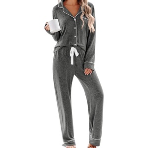 SWOMOG Women’s Pajama Sets Long Sleeve Button Down Sleepwear 2 Piece PJs Soft Lounge Sets with Pockets S-XXL(Dark Grey)