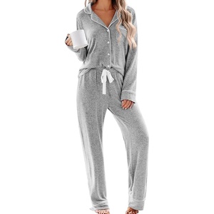 SWOMOG Women’s Pajama Sets Long Sleeve Button Down Sleepwear 2 Piece PJs Soft Lounge Sets with Pockets S-XXL(Grey)
