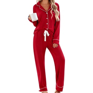 SWOMOG Women’s Pajama Sets Long Sleeve Button Down Sleepwear 2 Piece PJs Soft Lounge Sets with Pockets S-XXL(Red)